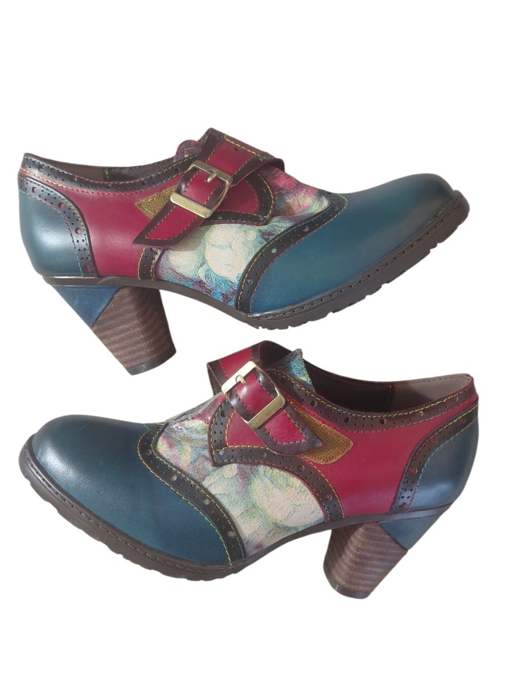 Vintage Hand Painted Multicolor Leather Pumps Boho Artsy Buckled Heels Size 7.5